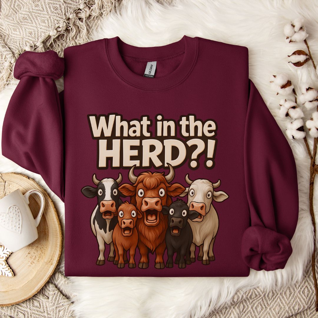 Funny Cow Sweatshirt – What in the Herd?! Farm Humor Crewneck for Cow Lovers & Country Life Fans