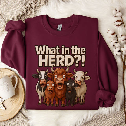 Funny Cow Sweatshirt – What in the Herd?! Farm Humor Crewneck for Cow Lovers & Country Life Fans