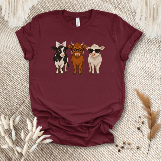 Trendy Cow Trio T-Shirt – Cute Stylish Cows with Bow & Sunglasses Farm Animal Tee