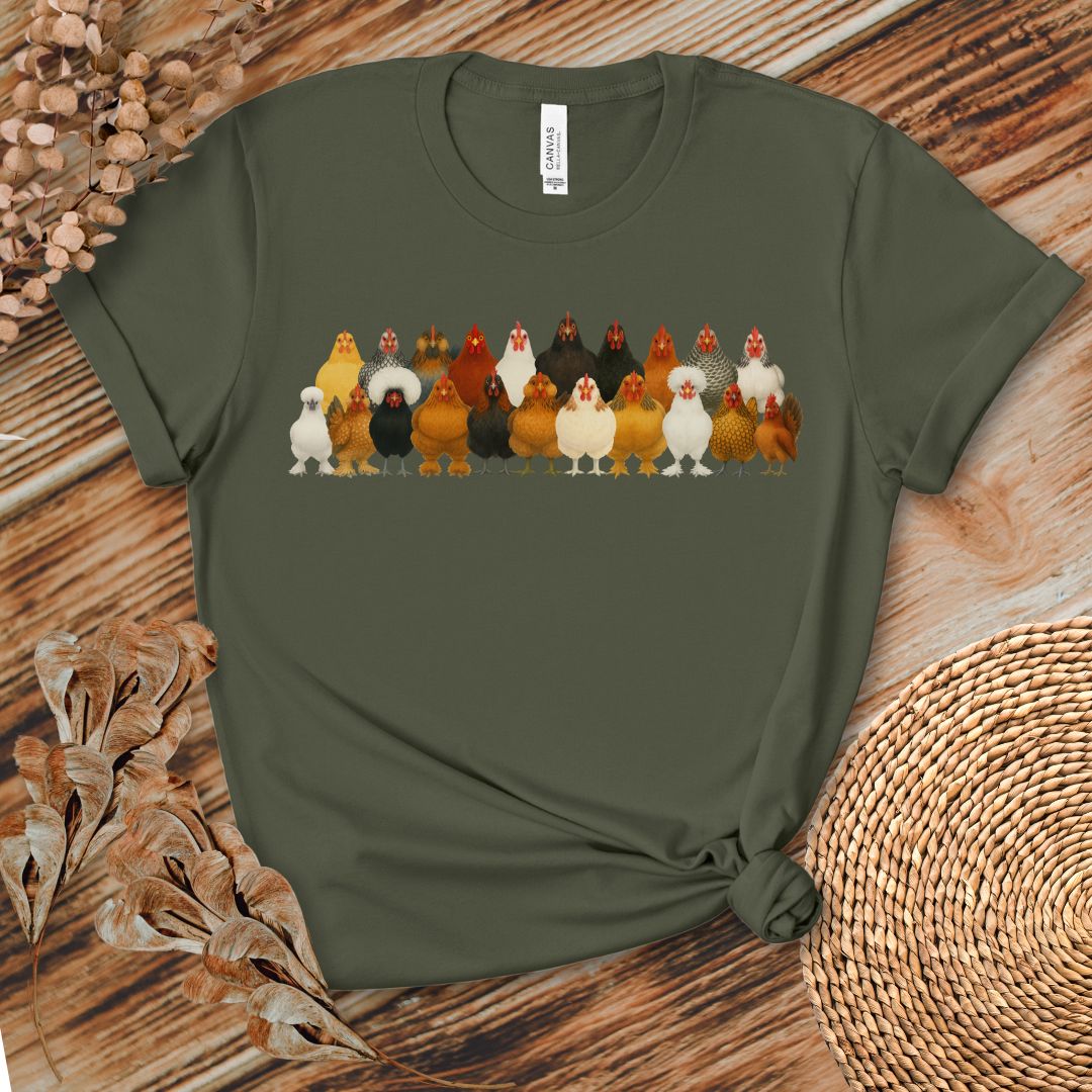Chicken Breed Lineup T-Shirt | Colorful Hen Collection Tee for Chicken Lovers & Backyard Farmers