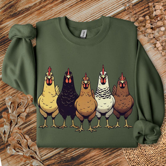 Funny Chicken Lineup Sweatshirt – Cute Farm Hen Graphic | Gildan 18000