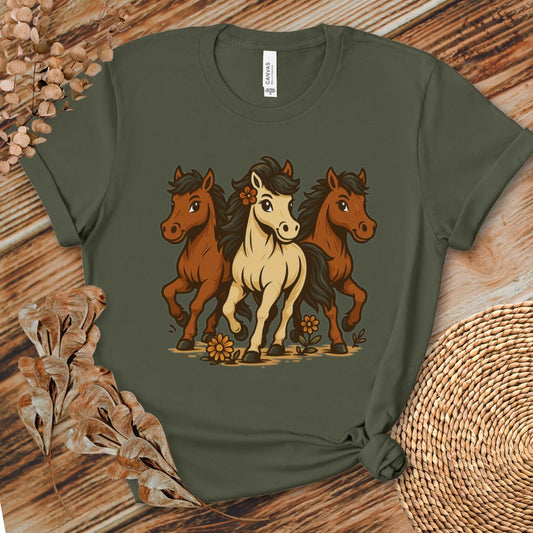 Flower Power Horses Cartoon T-Shirt