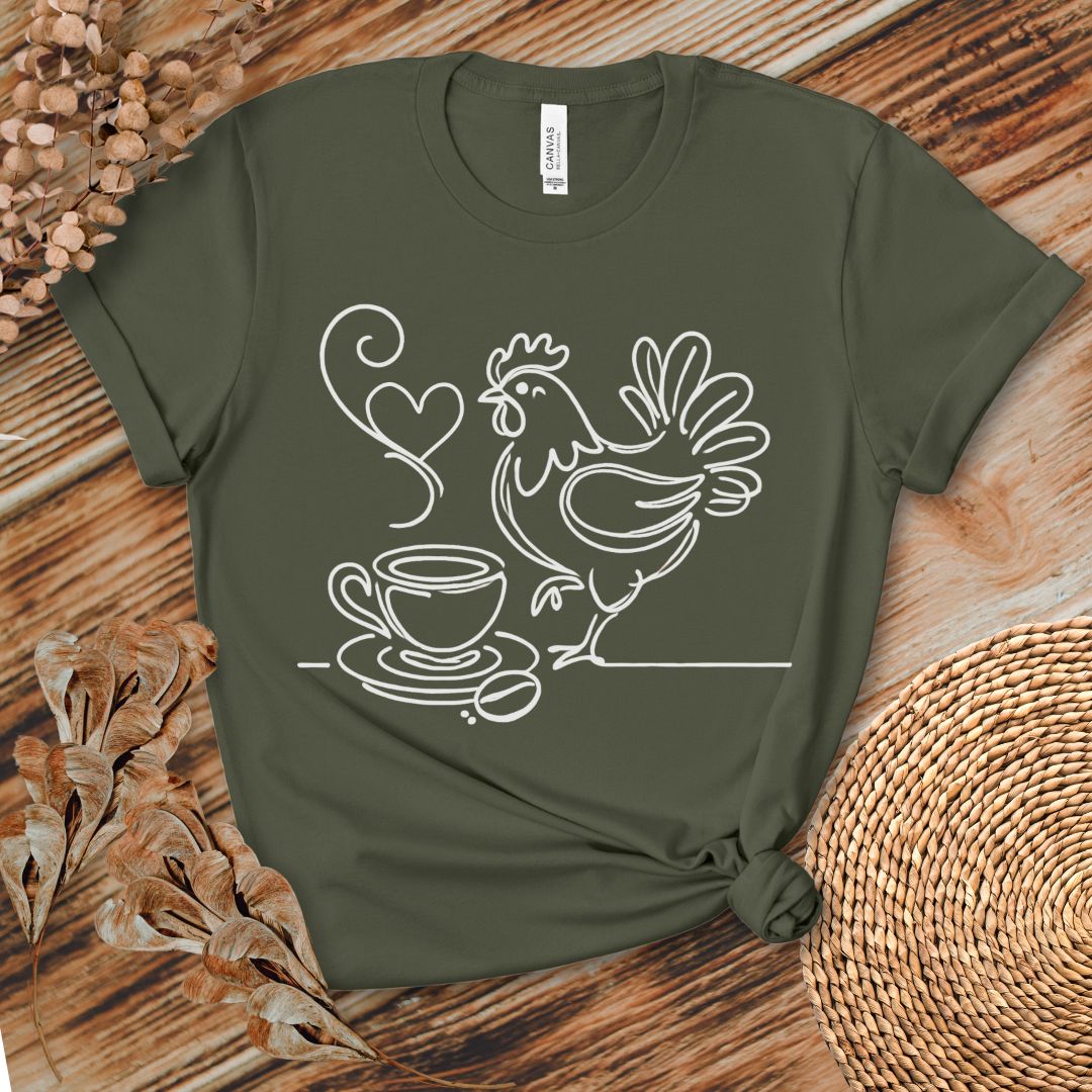 Minimalist Coffee & Chicken Line Art T-Shirt