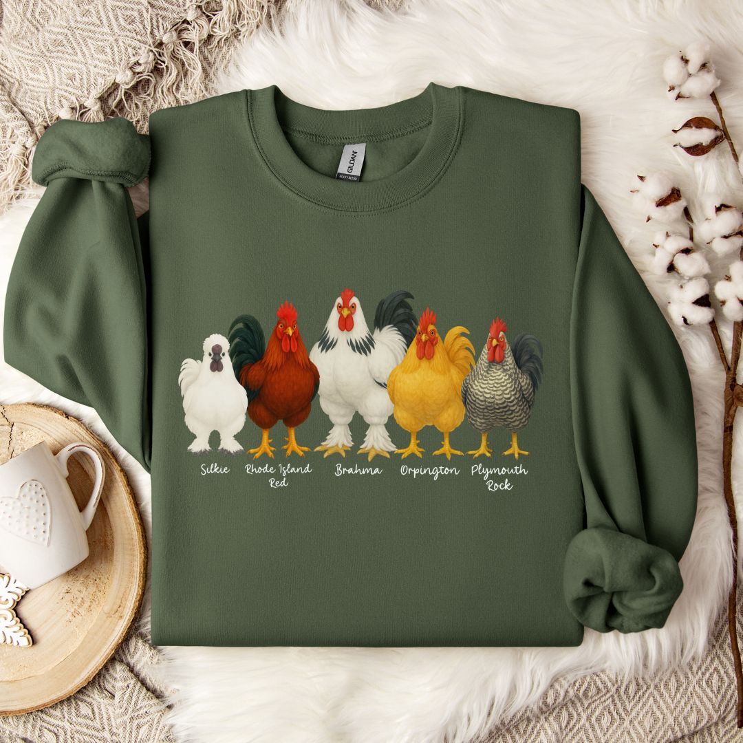 Rooster Lineup Sweatshirt – Silkie, Rhode Island Red, Brahma, Orpington & Plymouth Rock Pullover for Farm Animal Lovers