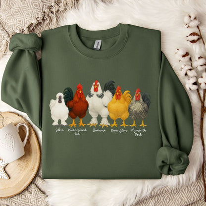 Rooster Lineup Sweatshirt – Silkie, Rhode Island Red, Brahma, Orpington & Plymouth Rock Pullover for Farm Animal Lovers