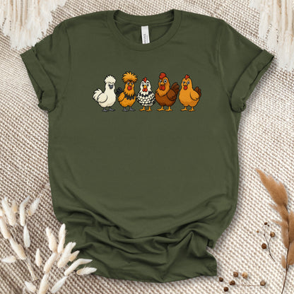 Chicken Breeds T-Shirt – Cartoon Silkie, Polish, Wyandotte, Brahma & Orpington Farm Animal Shirt for Chicken Lovers
