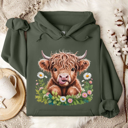 Highland Cow Hoodie – Cute Tongue-Out Cow & Wildflower Pullover for Farm Girls & Cow Lovers