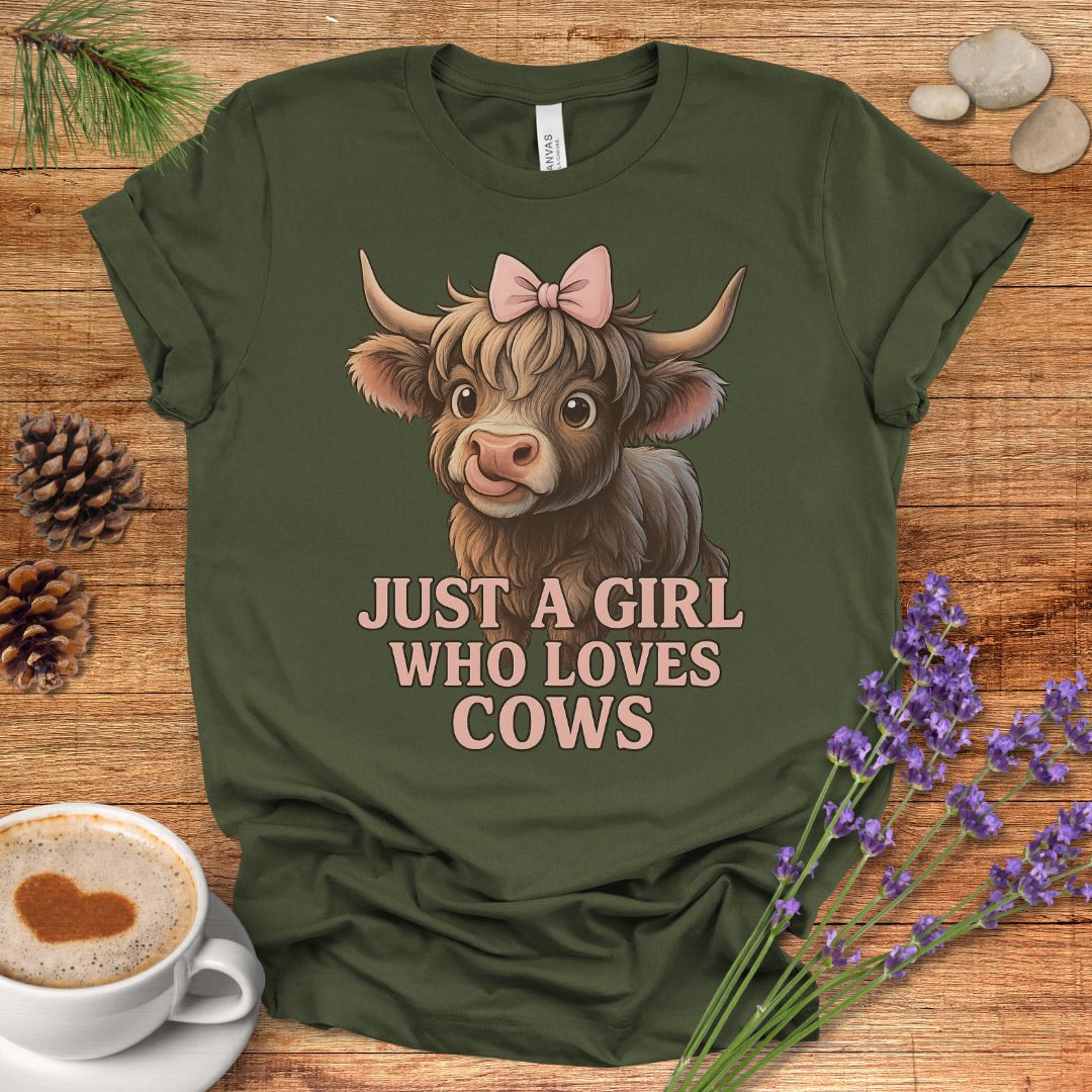 Highland Cow T-Shirt – “Just a Girl Who Loves Cows” Cute Farmhouse Tee with Pink Bow Design