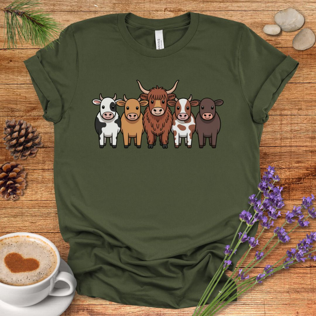 Cartoon Cow Breeds T-Shirt – Cute Farm Animal Lineup Tee with Highland, Dairy & Spotted Cows
