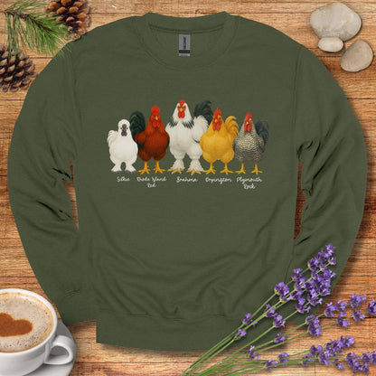 Rooster Lineup Sweatshirt – Silkie, Rhode Island Red, Brahma, Orpington & Plymouth Rock Pullover for Farm Animal Lovers
