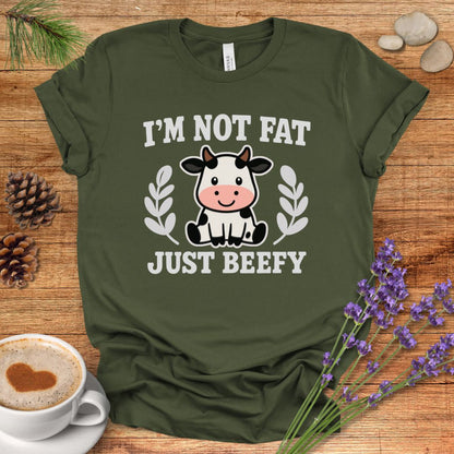 Funny Cow Pun T-Shirt – “I’m Not Fat, Just Beefy” Cartoon Farm Animal Tee for Rustic Country Living