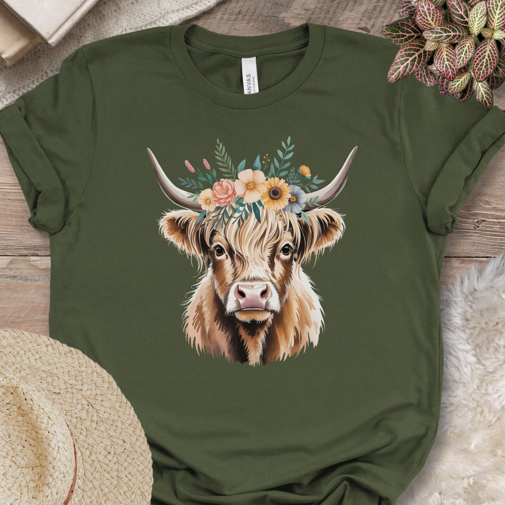 Simple Floral Highland Cow Tee