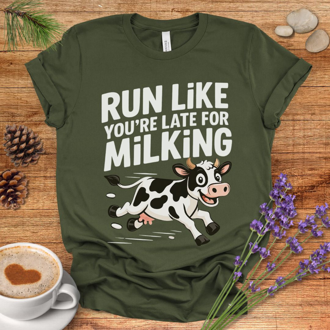 Funny Cow Lover T-Shirt – Run Like You’re Late for Milking Farm Tee for Cow Moms, Farmers & Country Life Fans