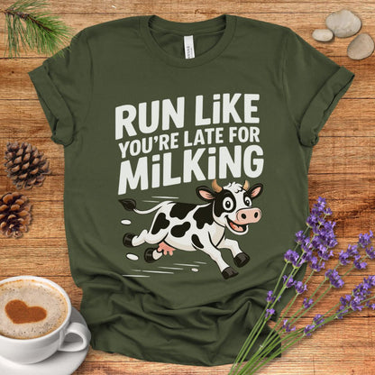 Funny Cow Lover T-Shirt – Run Like You’re Late for Milking Farm Tee for Cow Moms, Farmers & Country Life Fans