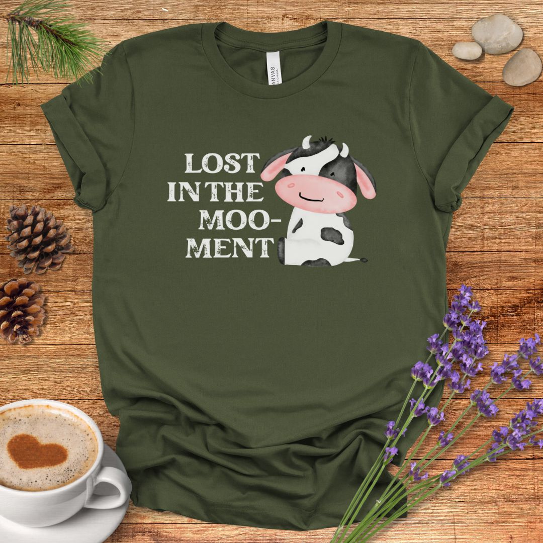Funny Cow T-Shirt – “Lost in the Moo-ment” Farm Animal Pun Shirt for Cow Lovers & Farmers