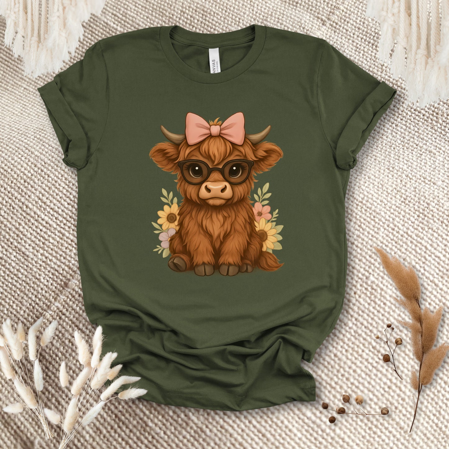 Cute Highland Cow T-Shirt – Floral Cow with Glasses Tee for Cow Lovers