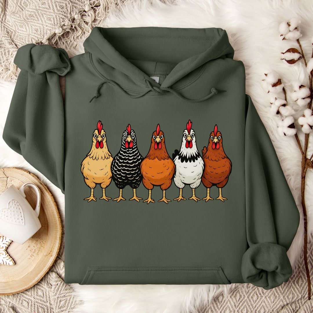 Farm Chickens Hoodie – Colorful Hen Lineup Cozy Unisex Hoodie for Poultry Lovers & Country Living Fans