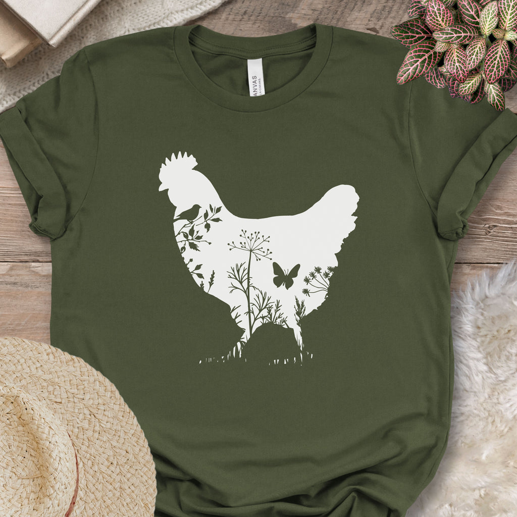 Floral Chicken Silhouette Nature Lover T-Shirt