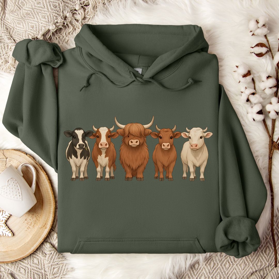 Cow Lover Hoodie – Highland, Holstein & Brown Cow Lineup Pullover for Ranchers & Farm Life Fans