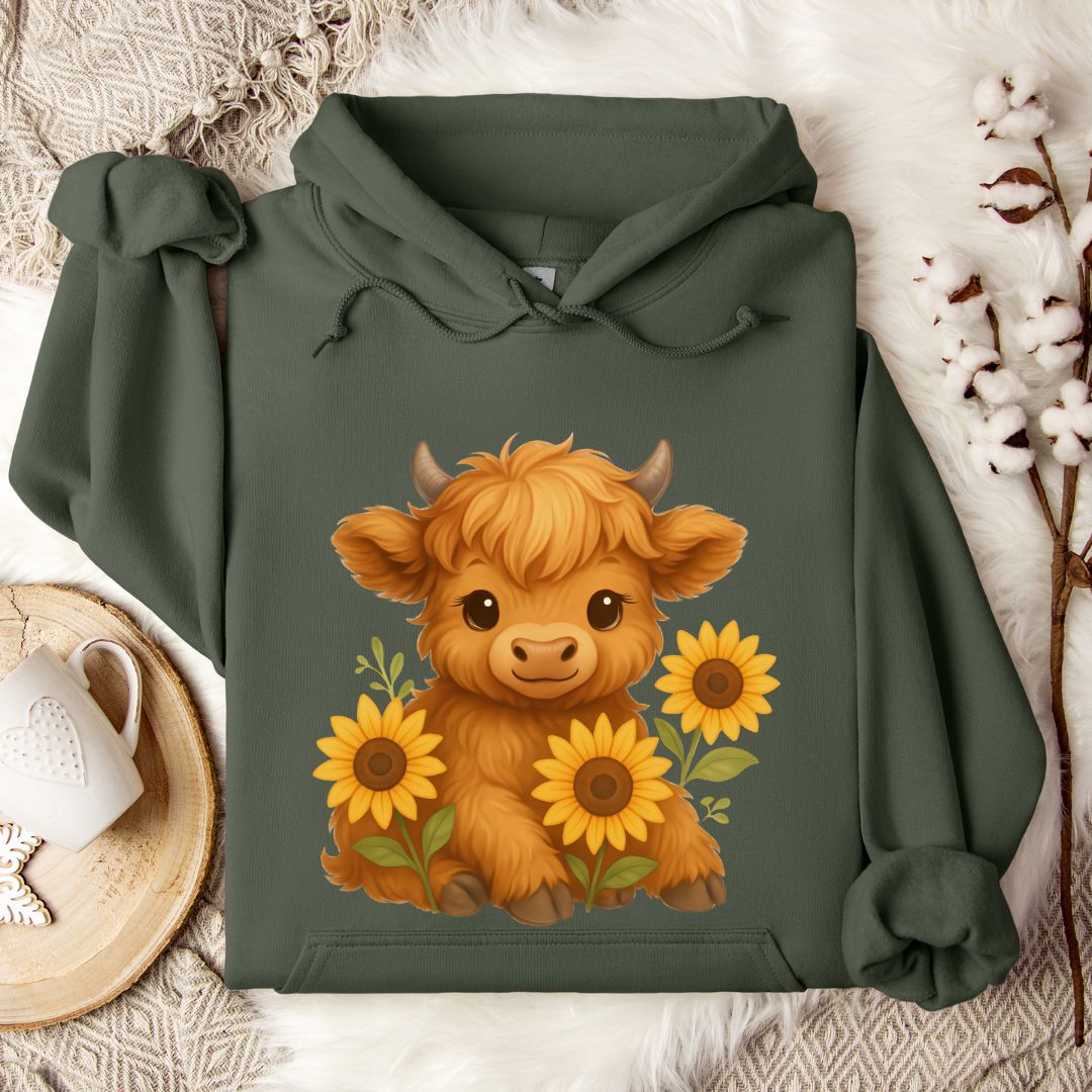 Cute Highland Cow Hoodie – Sunflower Cow Lover Pullover for Farm Girls & Country Style Fans