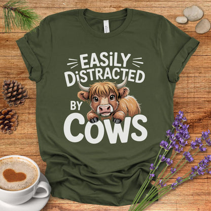 Easily Distracted by Cows T-Shirt – Funny Farm Animal Tee with Rustic Highland Cow Design