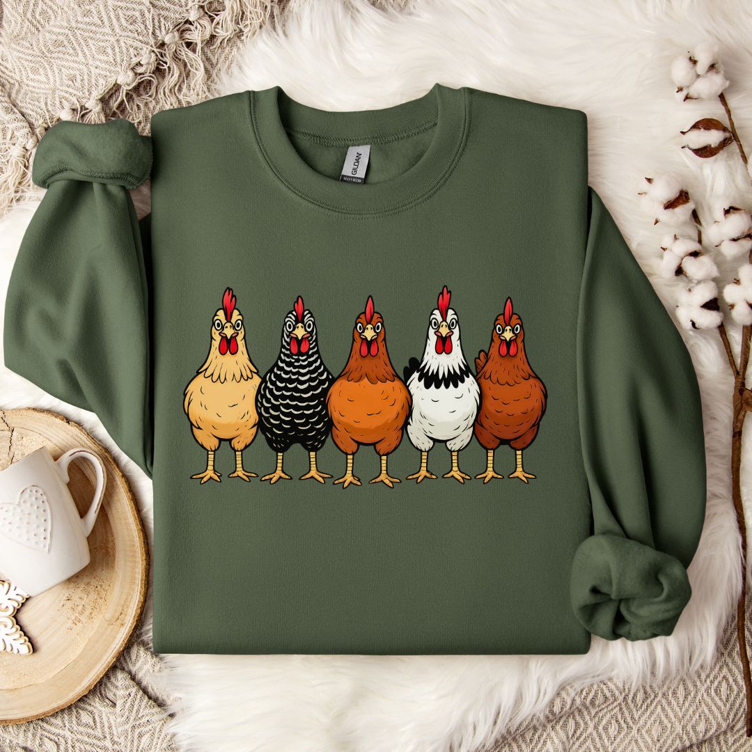 Hen Lineup Chicken Sweatshirt – Colorful Barnyard Pullover for Poultry Lovers & Farmhouse Living