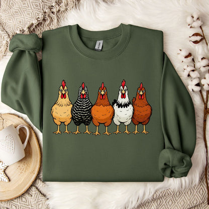 Hen Lineup Chicken Sweatshirt – Colorful Barnyard Pullover for Poultry Lovers & Farmhouse Living