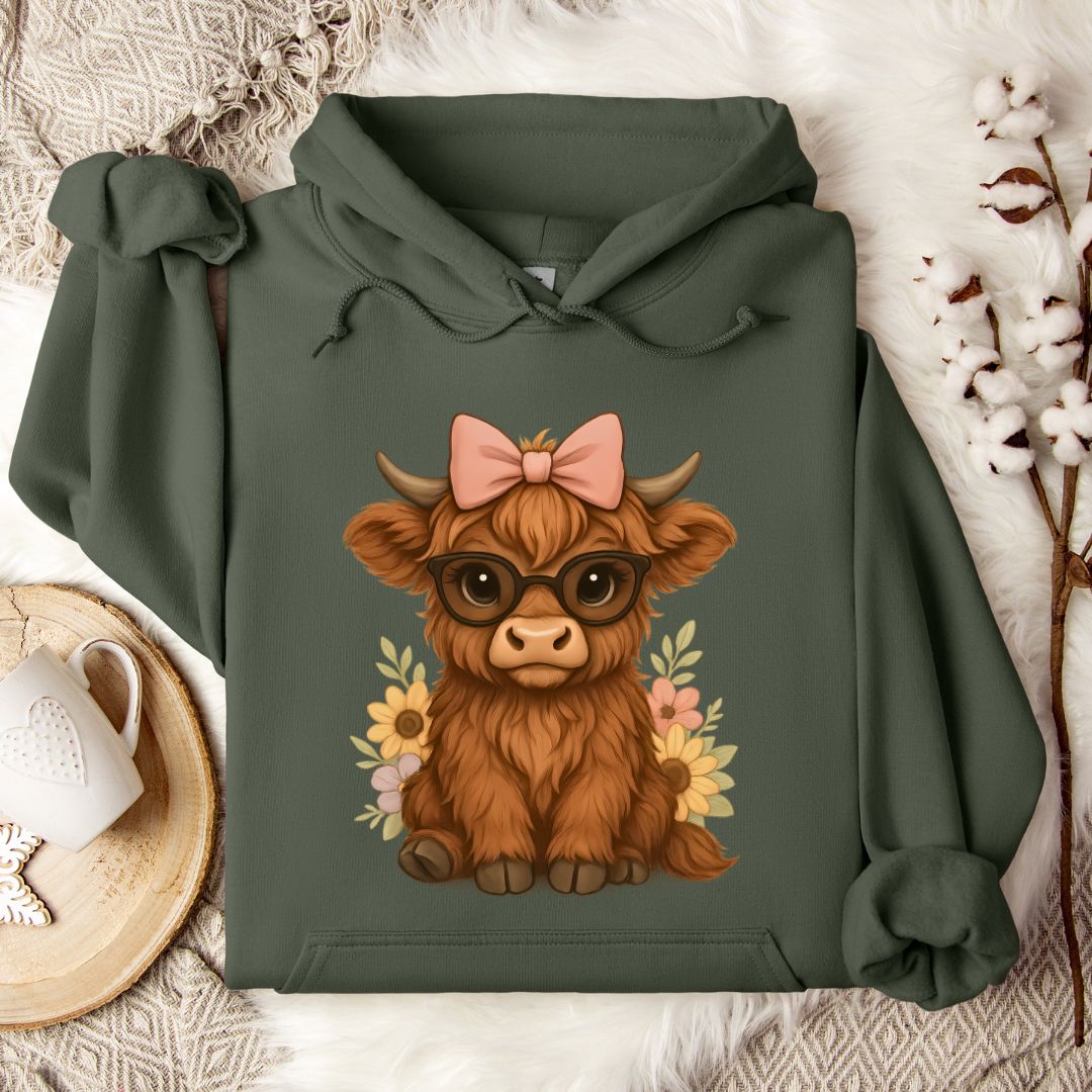 Cute Highland Cow Hoodie – Floral Cow with Glasses & Bow Pullover for Cow Moms & Farm Girls