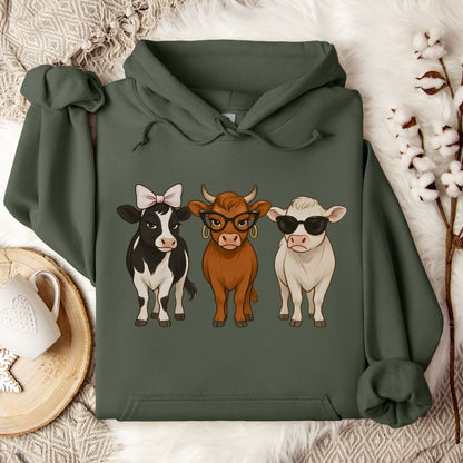 Trendy Cow Lover Hoodie – Cute Stylish Cow Trio Pullover with Bow, Glasses & Sunglasses