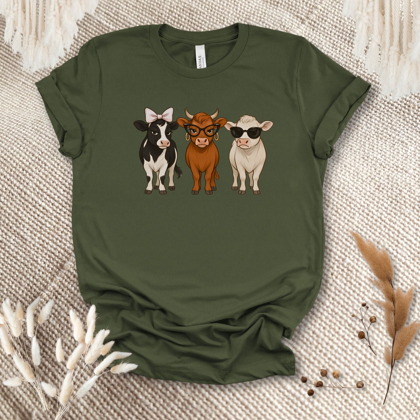Trendy Cow Trio T-Shirt – Cute Stylish Cows with Bow & Sunglasses Farm Animal Tee
