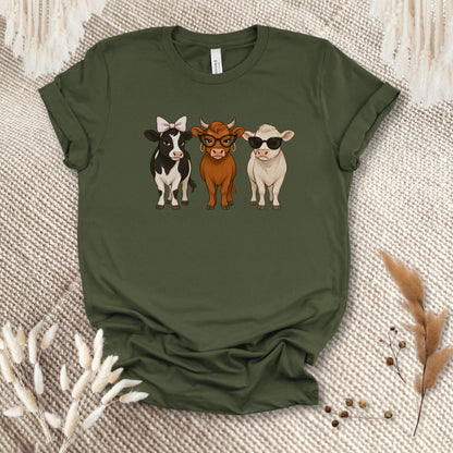 Trendy Cow Trio T-Shirt – Cute Stylish Cows with Bow & Sunglasses Farm Animal Tee