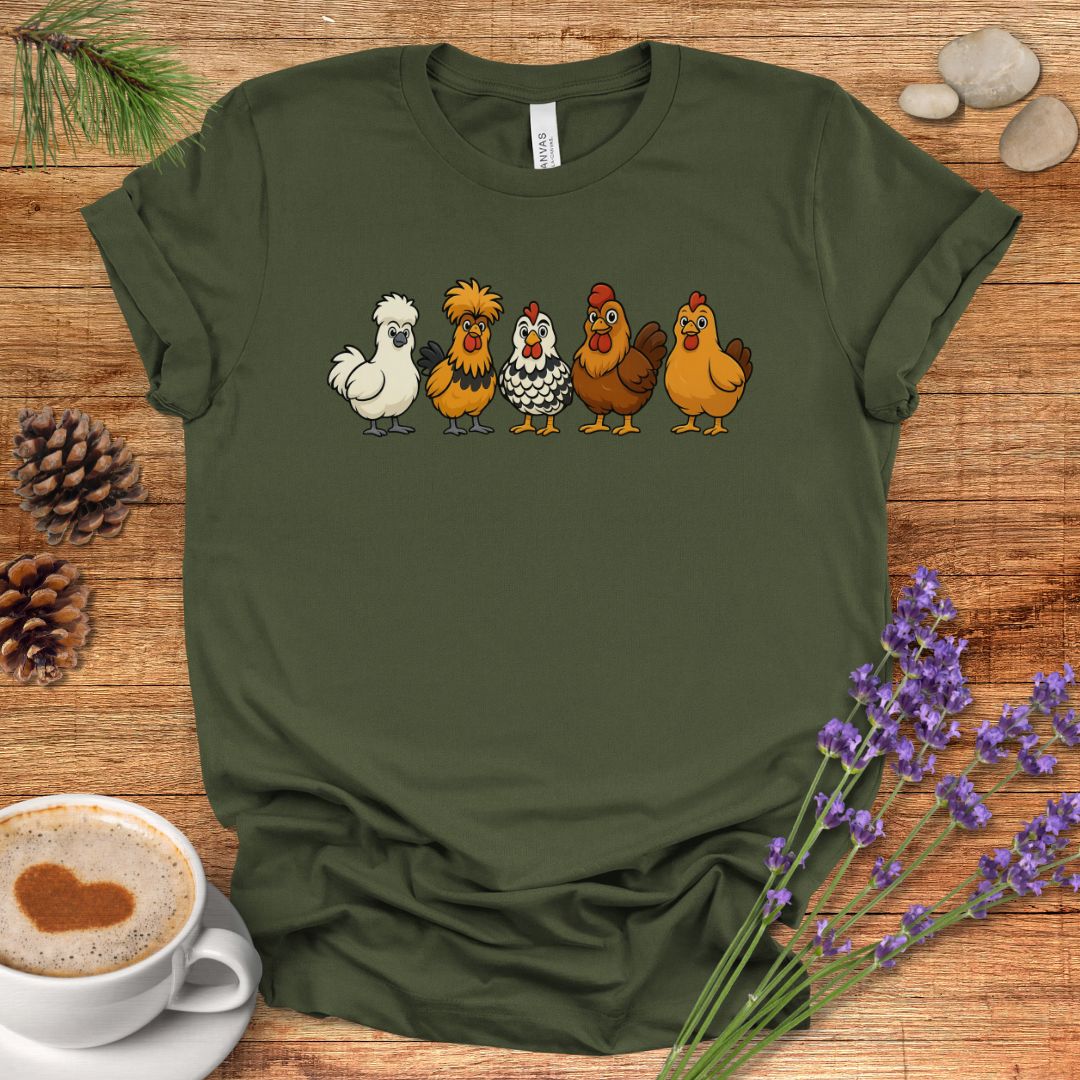 Chicken Breeds T-Shirt – Cartoon Silkie, Polish, Wyandotte, Brahma & Orpington Farm Animal Shirt for Chicken Lovers