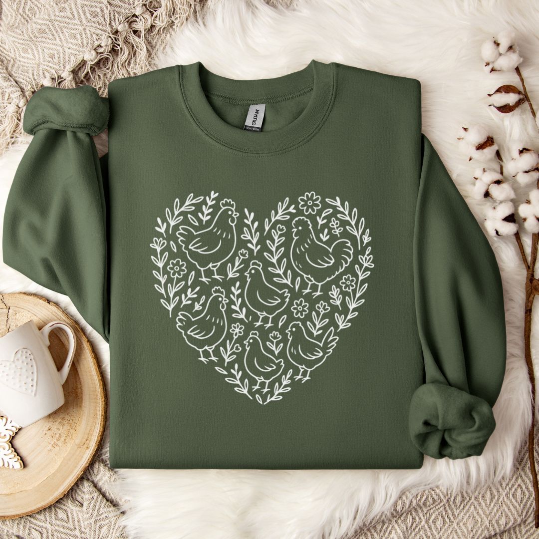 Farmhouse Chicken Sweatshirt – Floral Heart Pullover for Chicken Moms & Country Living Lovers