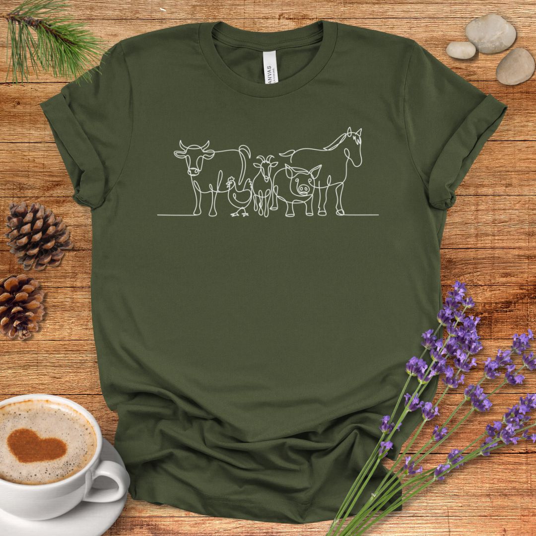 Farm Animal T-Shirt – Minimalist One Line Art Cow, Chicken, Goat, Pig & Horse Barnyard Shirt for Country Living