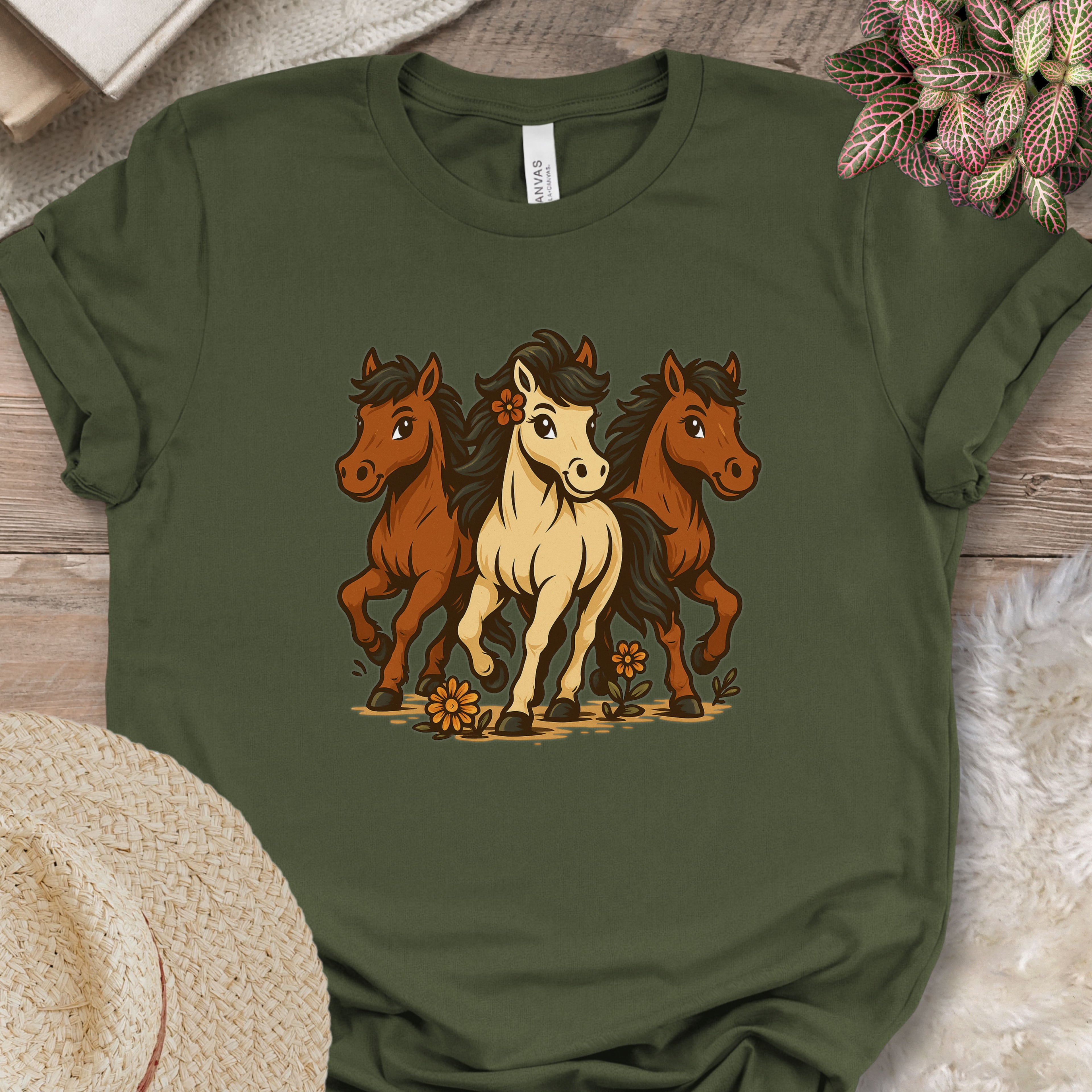 Flower Power Horses Cartoon T-Shirt
