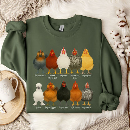 Chicken Breeds Sweatshirt – Farm Animal Pullover with Popular Hen & Rooster Varieties for Chicken Lovers