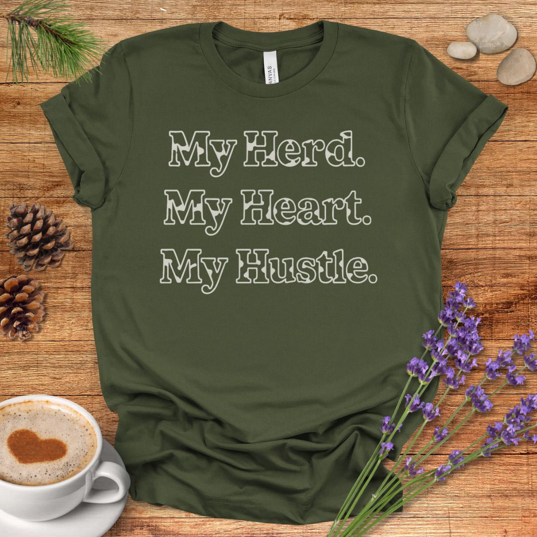 Farm Life T-Shirt – My Herd. My Heart. My Hustle. Tee for Cow Moms, Farmers & Country Life Lovers
