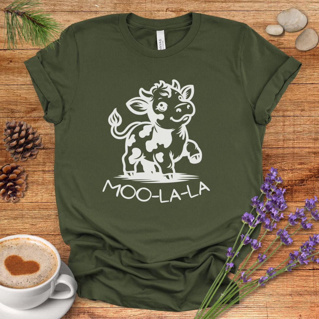 Cute Cow Cartoon T-Shirt – “Moo-La-La” Farm Animal Pun Tee for Rustic Country Living & Cow Lovers