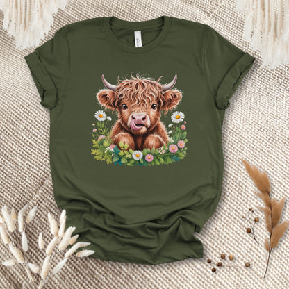 Cute Highland Cow T-Shirt – Floral Baby Cow Tee for Cow Lovers & Country Girls