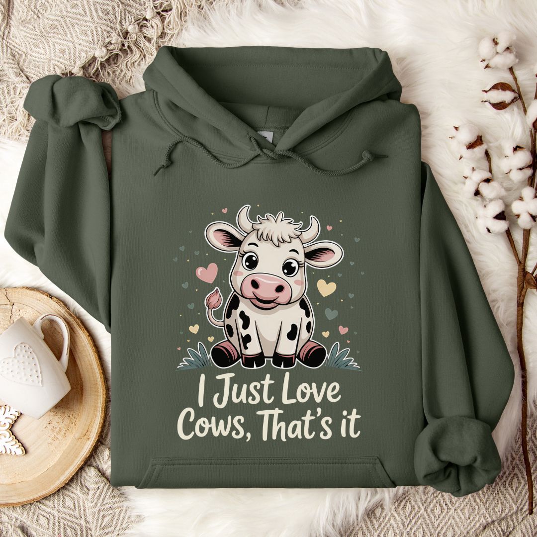 Cute Cow Lover Hoodie – “I Just Love Cows” Pullover for Cow Moms, Farm Girls & Country Fans