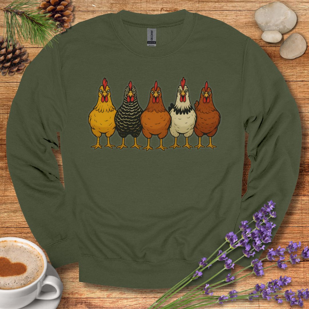 Hen Lineup Chicken Sweatshirt – Colorful Barnyard Pullover for Poultry Lovers & Farmhouse Living