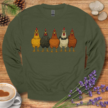 Hen Lineup Chicken Sweatshirt – Colorful Barnyard Pullover for Poultry Lovers & Farmhouse Living