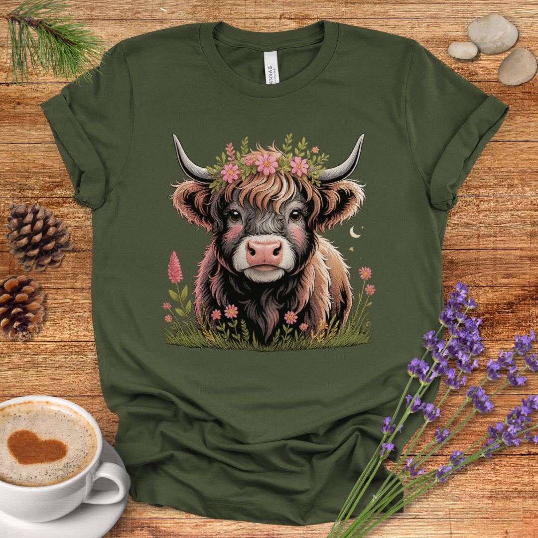 Floral Highland Cow T-Shirt – Boho Farmhouse Graphic Tee for Rustic Country Living & Cow Lovers