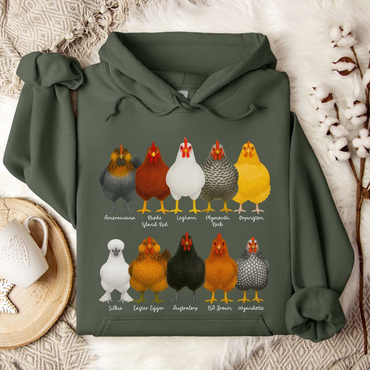 Chicken Breeds Hoodie – Cute Poultry Lover Gift for Chicken Keepers, Farmers & Backyard Flock Moms