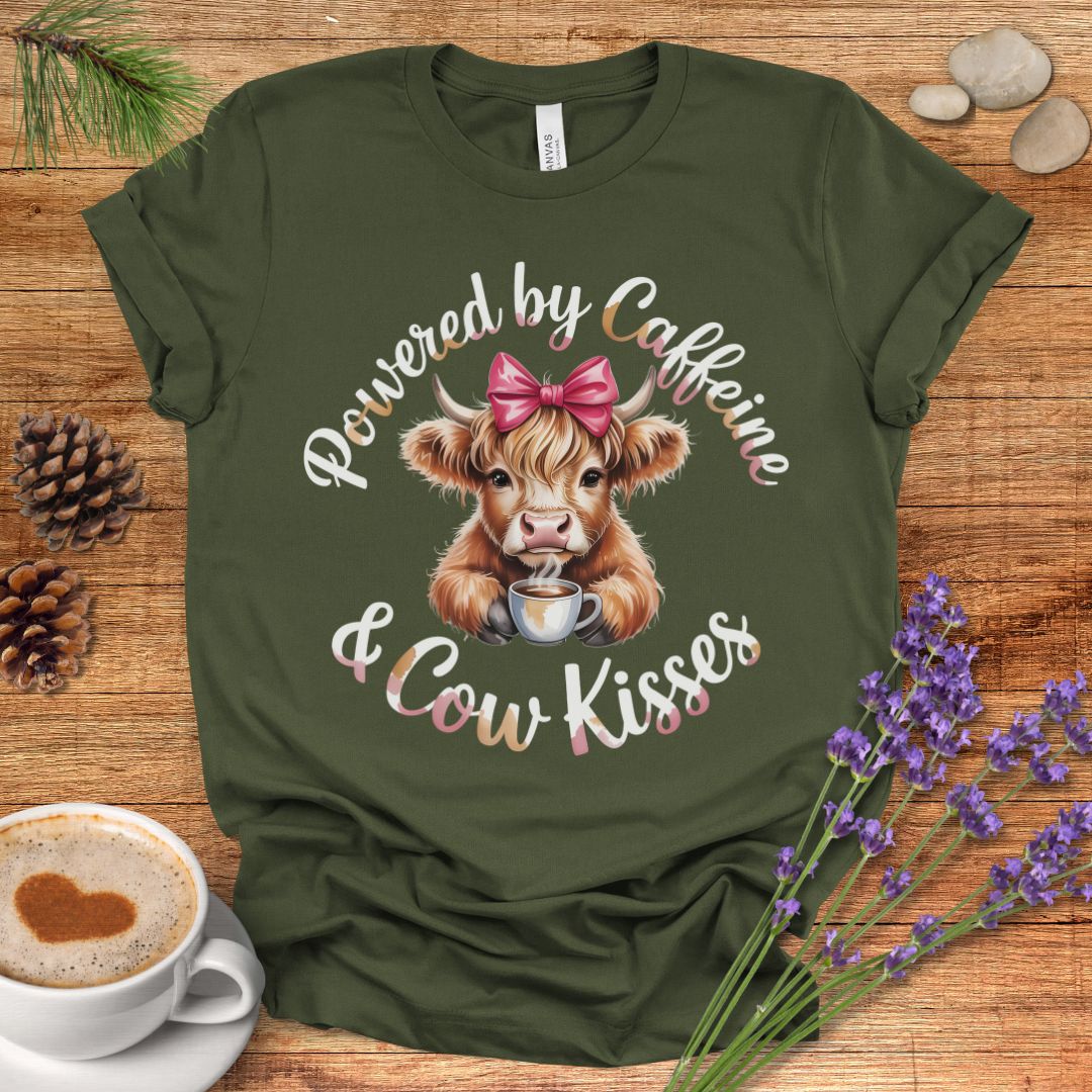 Funny Highland Cow Lover T-Shirt – Powered by Caffeine & Cow Kisses Tee for Cow Moms, Coffee Lovers & Country Life Fans