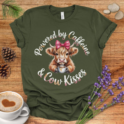Funny Highland Cow Lover T-Shirt – Powered by Caffeine & Cow Kisses Tee for Cow Moms, Coffee Lovers & Country Life Fans