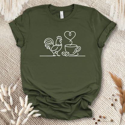 Minimalist Chicken & Coffee Line Art T-Shirt – Chicken Lover Coffee Tee for Farmers & Morning Brew Fans