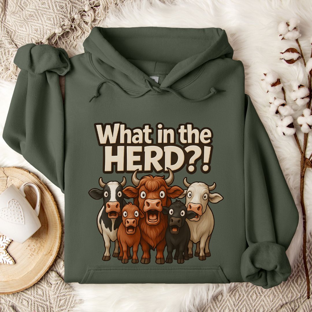 Funny Cow Hoodie – What in the Herd?! Farm Humor Pullover for Cow Lovers & Country Life Fans