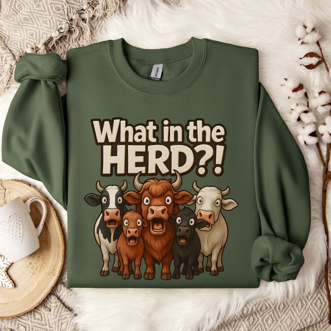 Funny Cow Sweatshirt – What in the Herd?! Farm Humor Crewneck for Cow Lovers & Country Life Fans