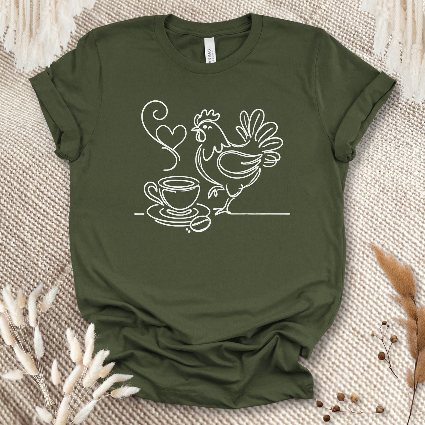 Minimalist Coffee & Chicken Line Art T-Shirt